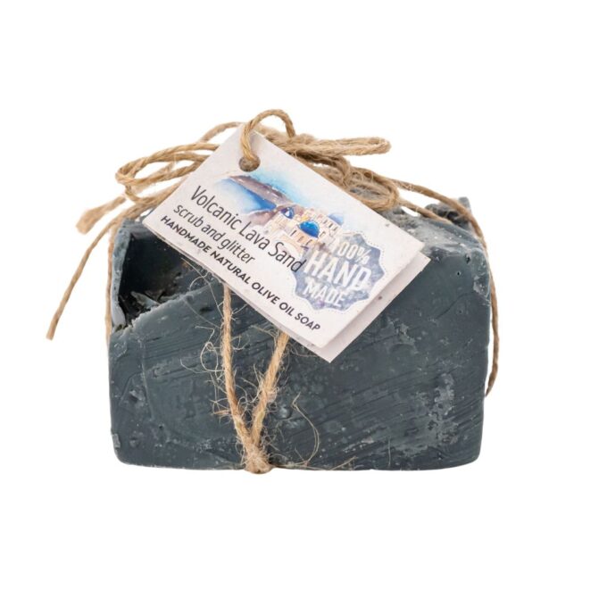 Greek Anthos handmade olive oil soap with volcanic lava sand for scrub with glitter